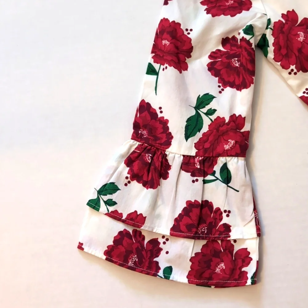 Crown & Ivy Kids White/Red Floral Dress. 3/4 Length Bell Sleeve. Size 10